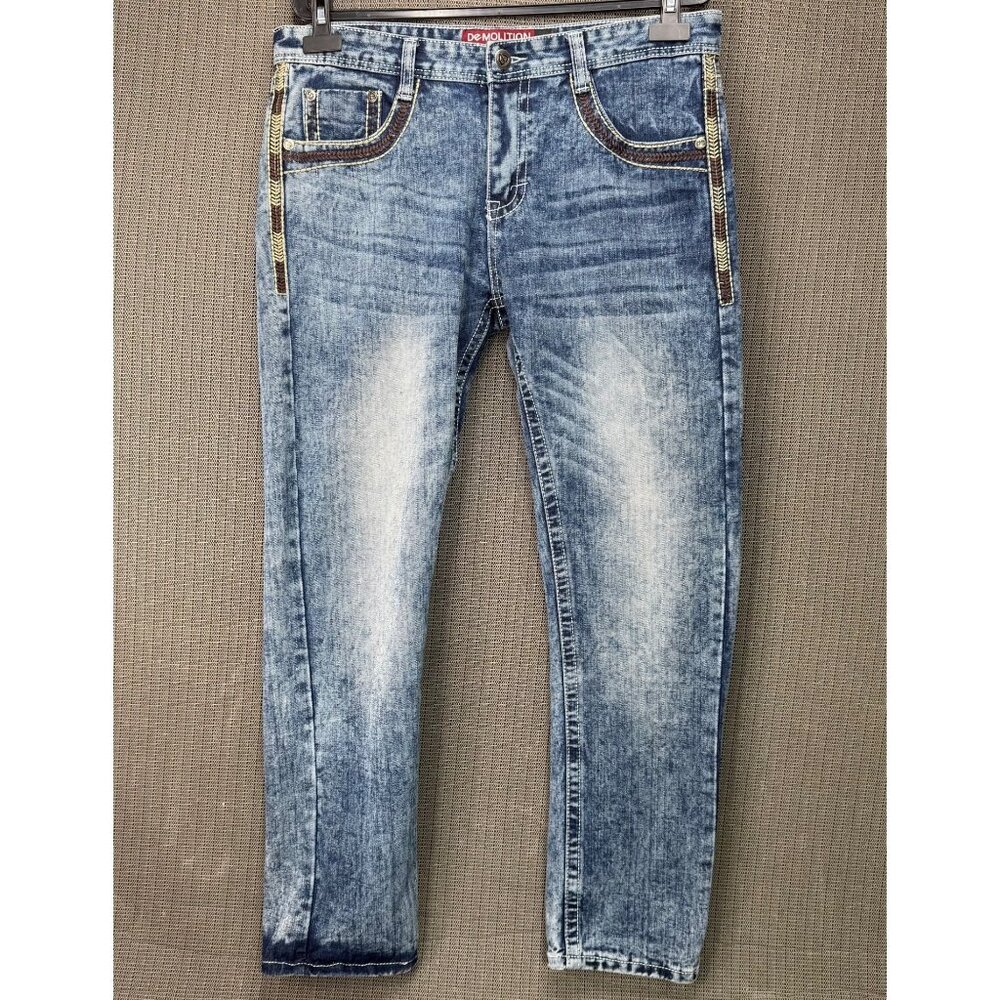 Demolition Jeans Mens Size 36 Blue Denim Straight Fit Embroidered Pockets